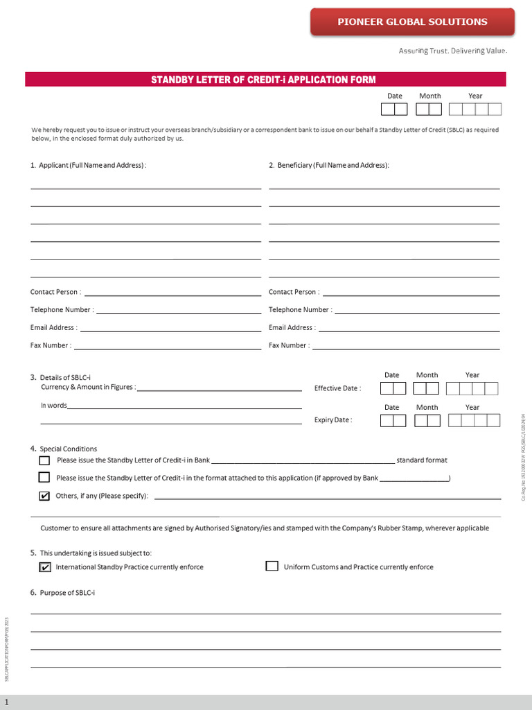 Form - SBLC - Application | PDF | Letter Of Credit | Legal Liability