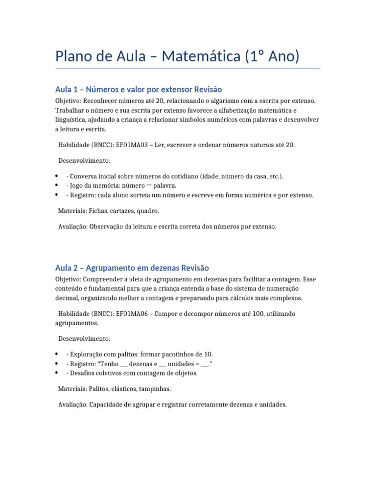 Plano de Aula Matemática Revisão | PDF | Escrita | Números