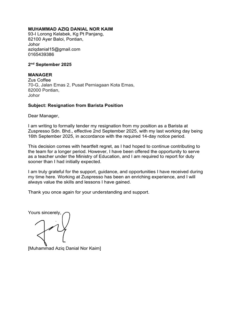 Aziq's Resignation Letter Editted | PDF