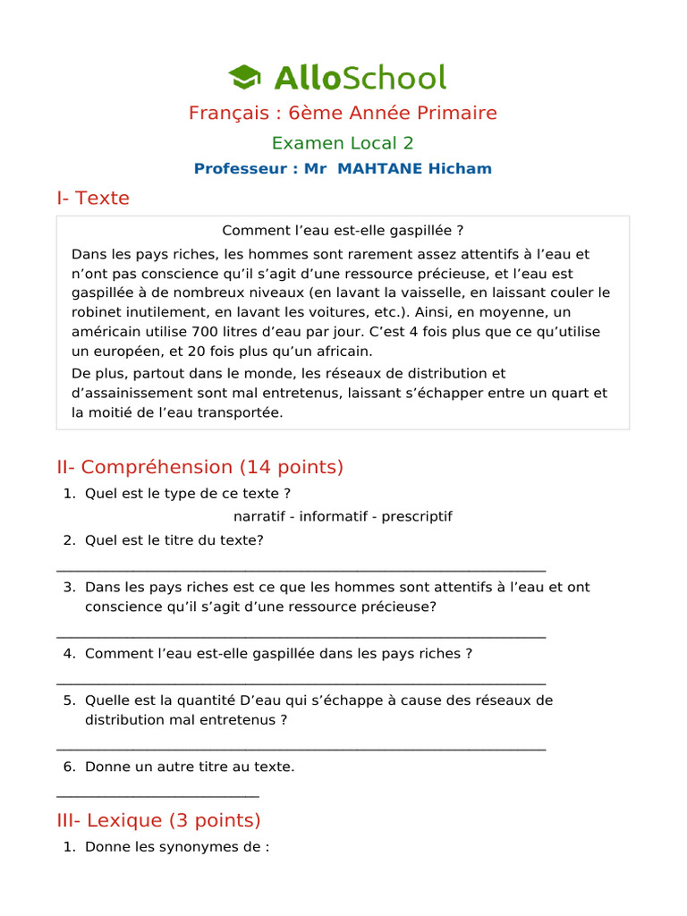 Francais 6ap Examen Local 2 2 | PDF | Verbe | Langues