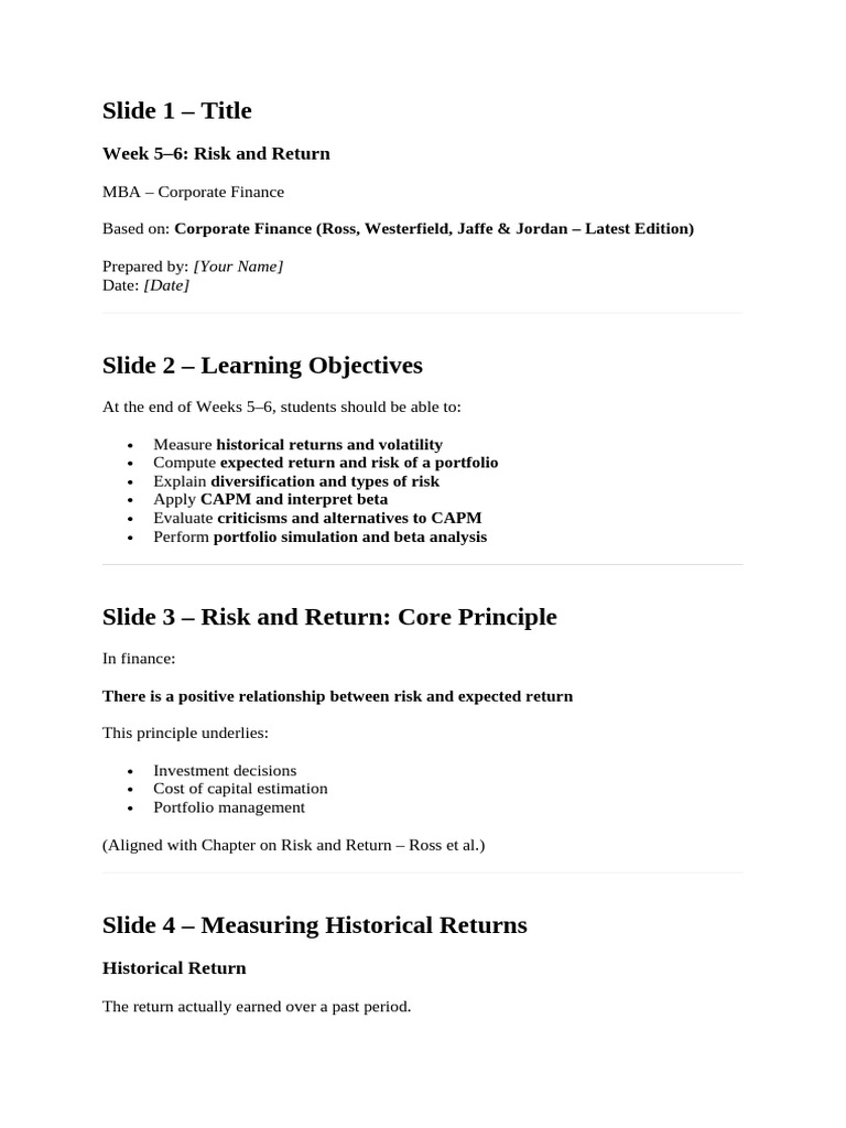 Risk and Return | PDF | Capital Asset Pricing Model | Diversification ...