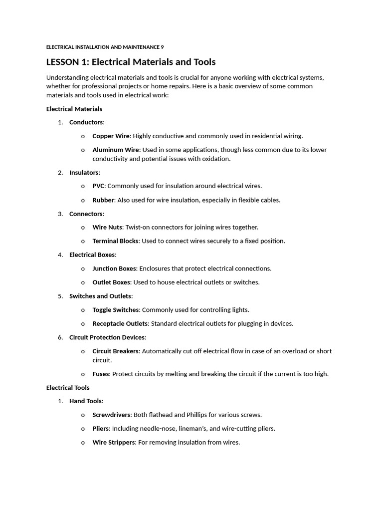Q1-LESSON 1-Electrical Materials and Tools | PDF | Electrical Wiring ...
