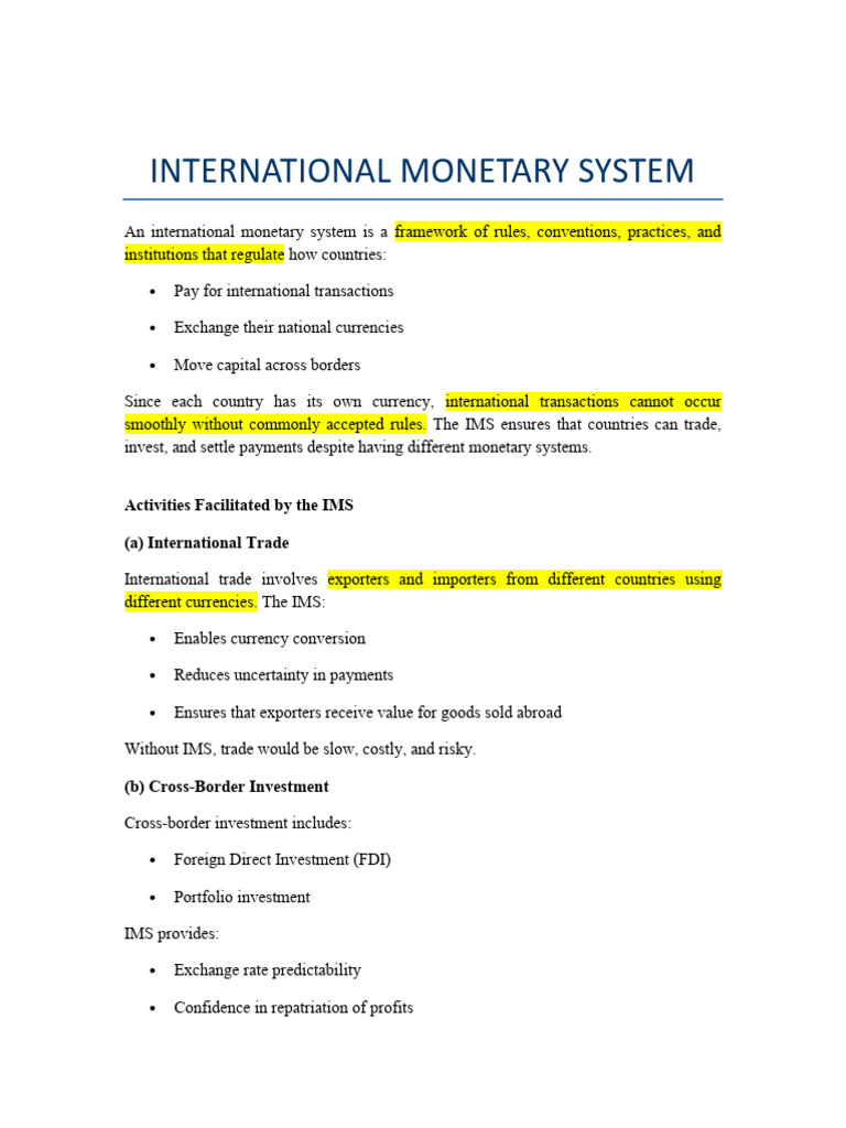 International Monetary System Notes | PDF | Gold Standard | Bimetallism