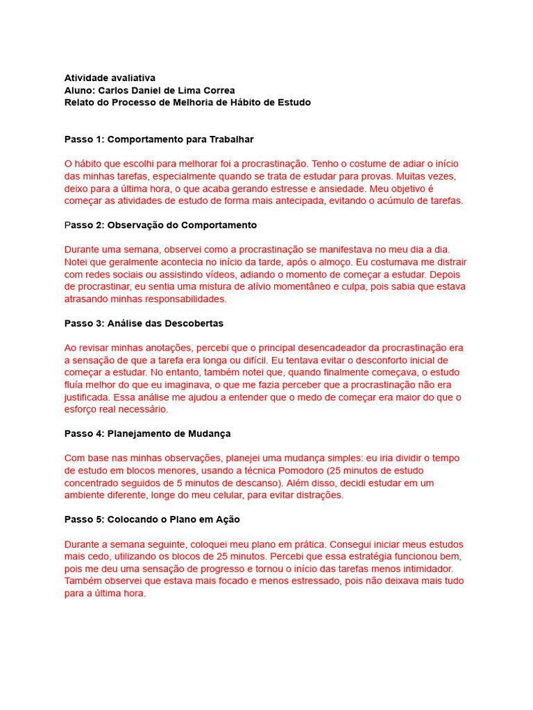 Atividade Asael - Comportamento | PDF | Procrastinação | Competências ...