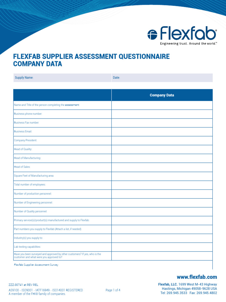 示例 Flexfab 供应商评估问卷 公司数据 Flexfab Supplier Assessment Questionnaire ...