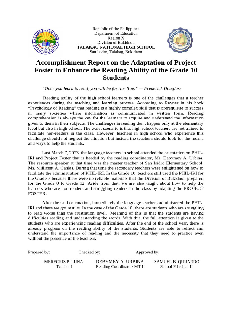 Accomplishment Report On Reading - Report | PDF