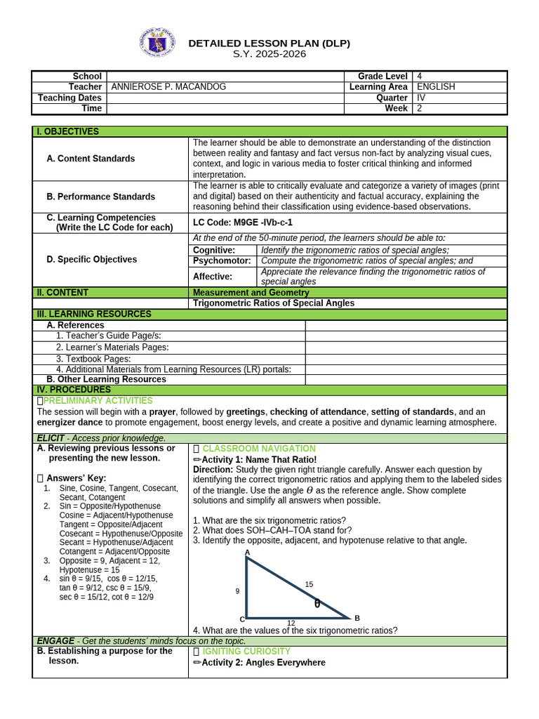 Lesson Plan Ranking Grade 4 | PDF | Trigonometric Functions | Trigonometry
