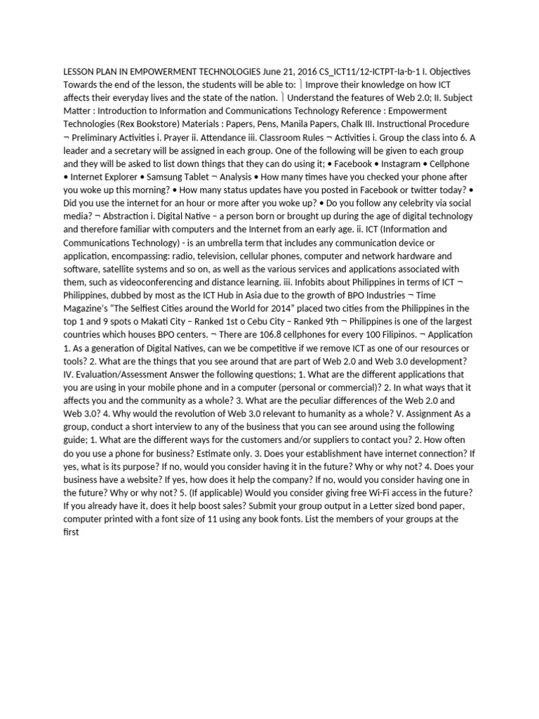 Lesson Plan in Empowerment Technologies June 21 | PDF | Educational ...