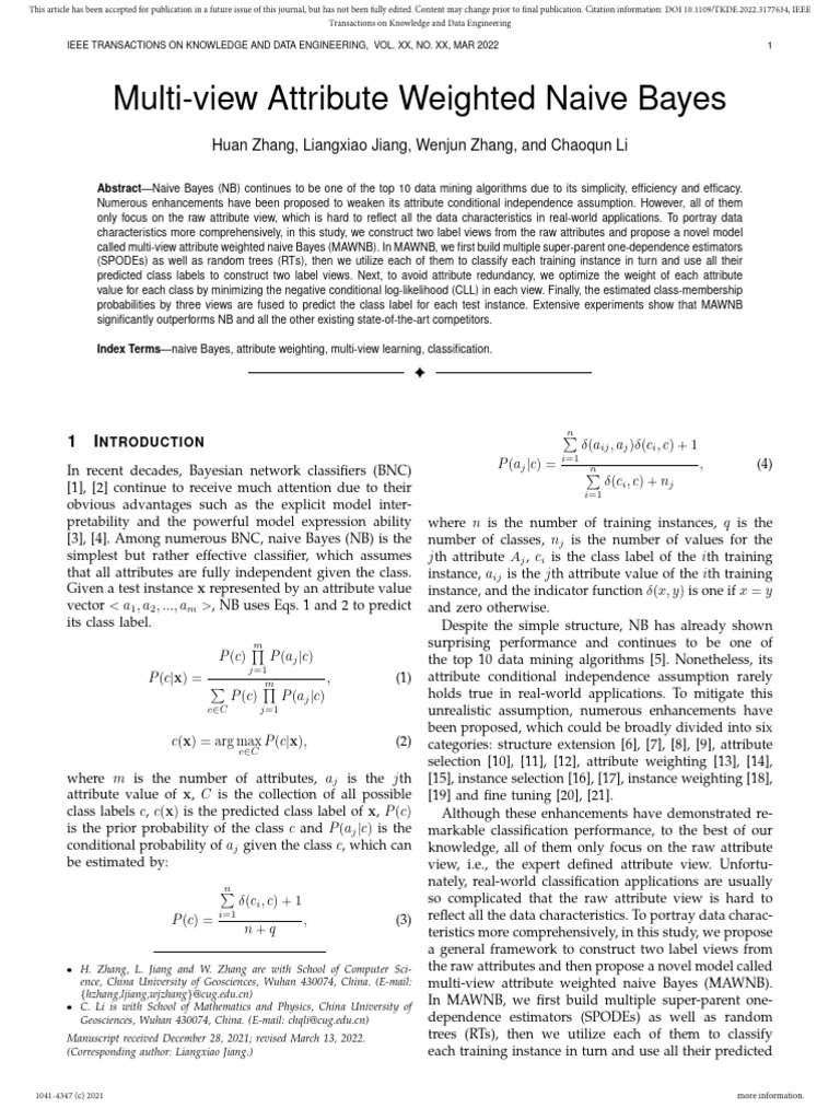 Multi-View Attribute Weighted Naive Bayes - 2022 | PDF | Applied ...