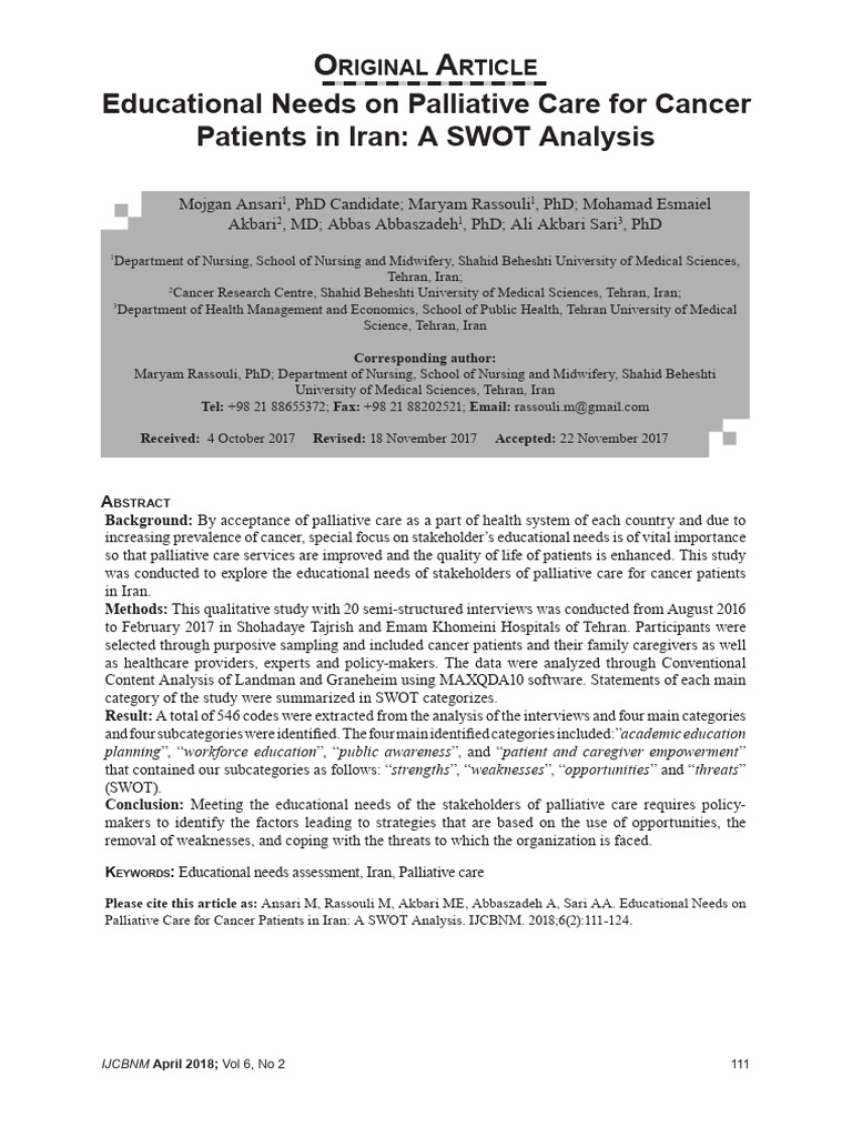 Educational Needs on Palliative Care for Cancer (SWOT Analysis) | PDF ...