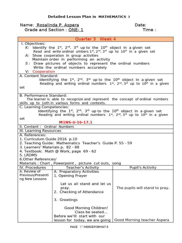 Detailed Lesson in Math 1 - Ordinal Numbers | PDF