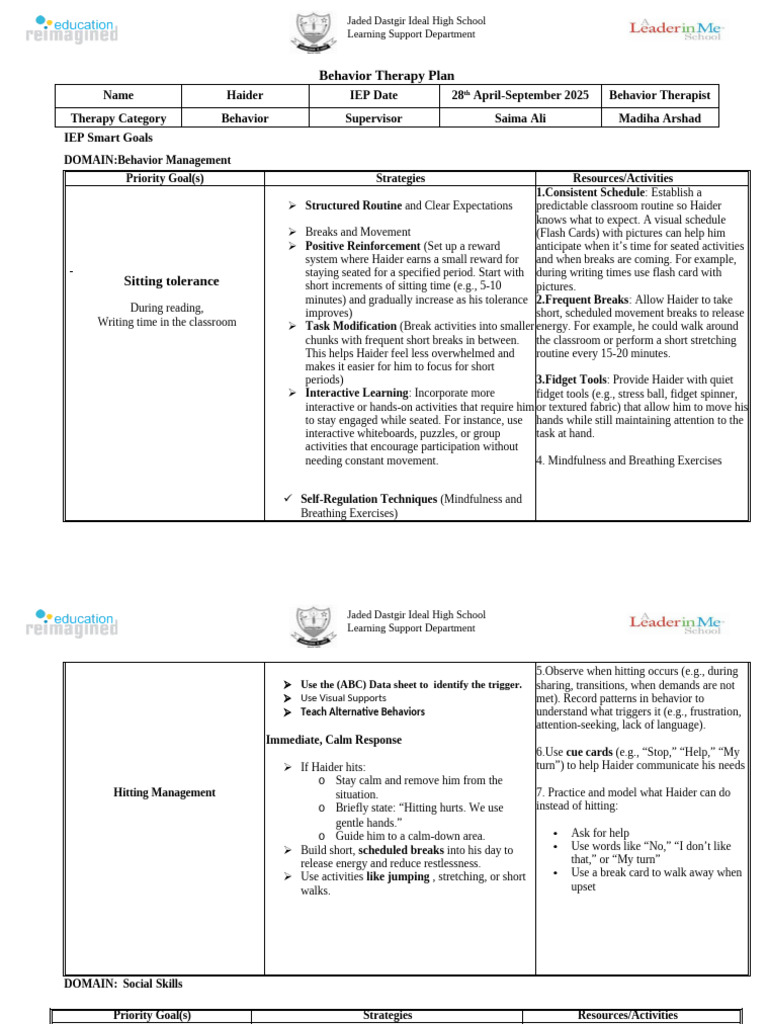 Behavior Therapy Plan of Haider | PDF | Mindfulness | Learning