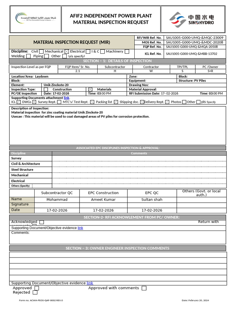 Material Inspection Request Formate (Mir) = 4368 Piles | PDF | Building ...