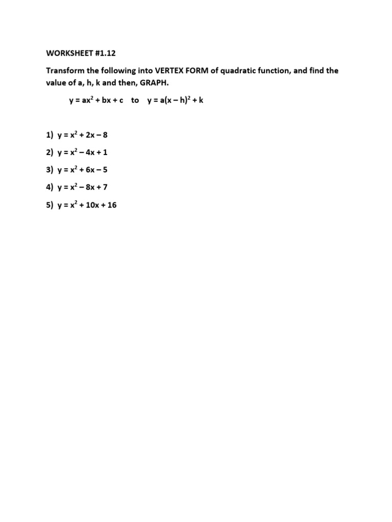 1.12 Woksheet Standard Form to Vertex Form | PDF