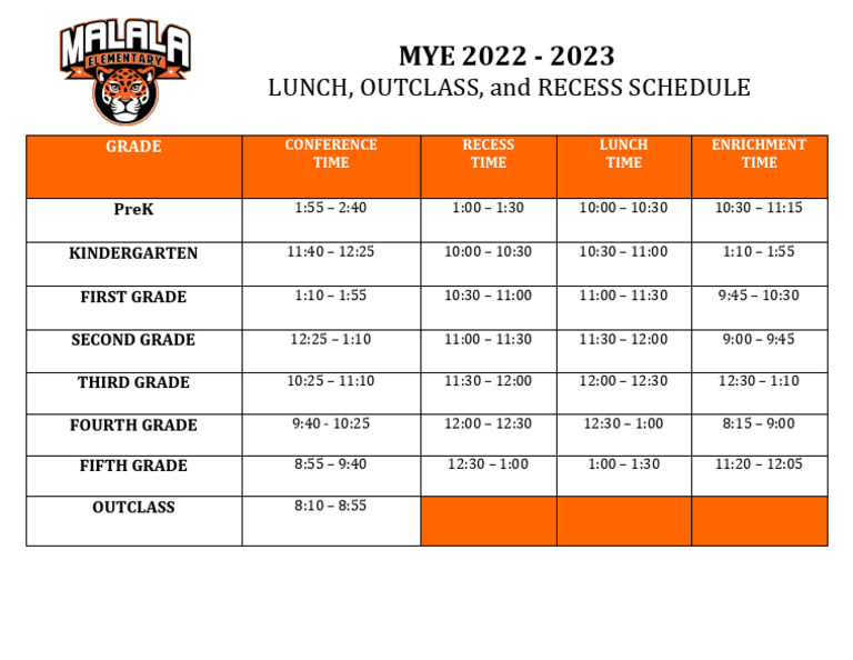MYE Lunch Outclass Recess Schedule 22-23 | PDF