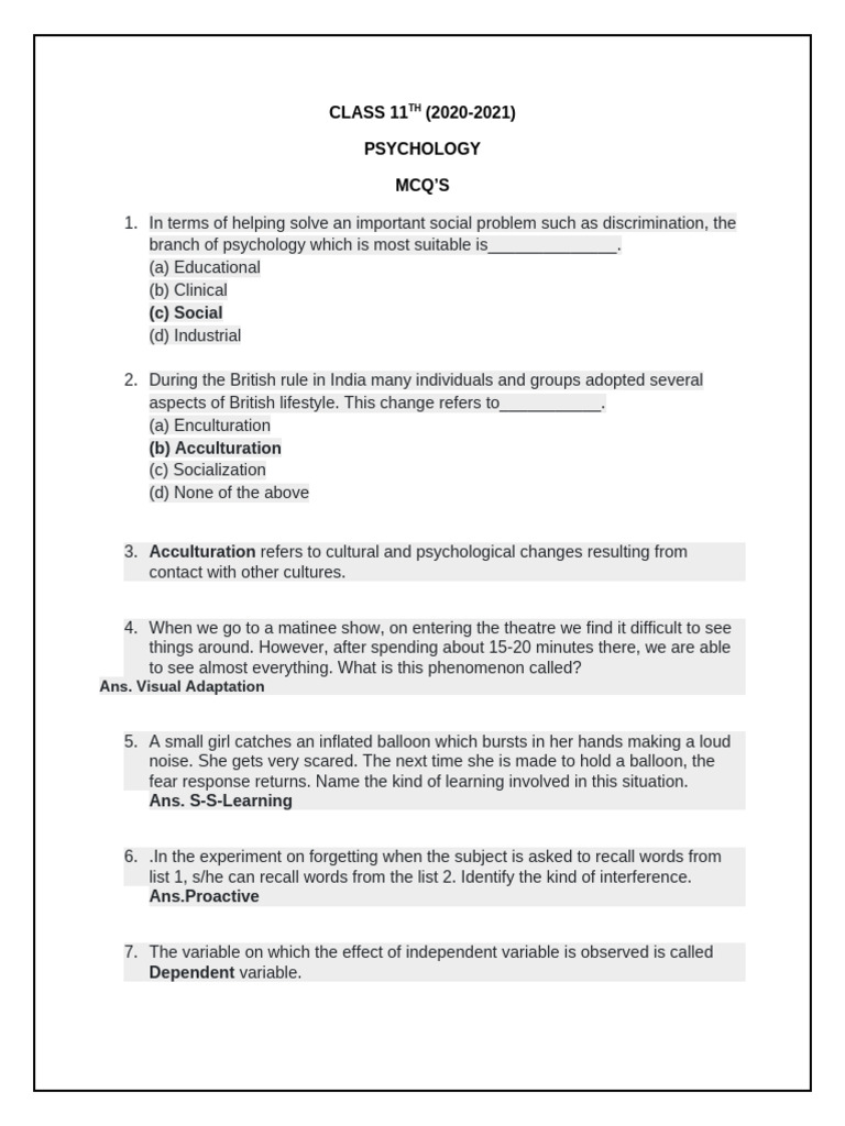 CLASS 11TH MCQ Human Development CBSE Grade 11 Psychology | PDF ...