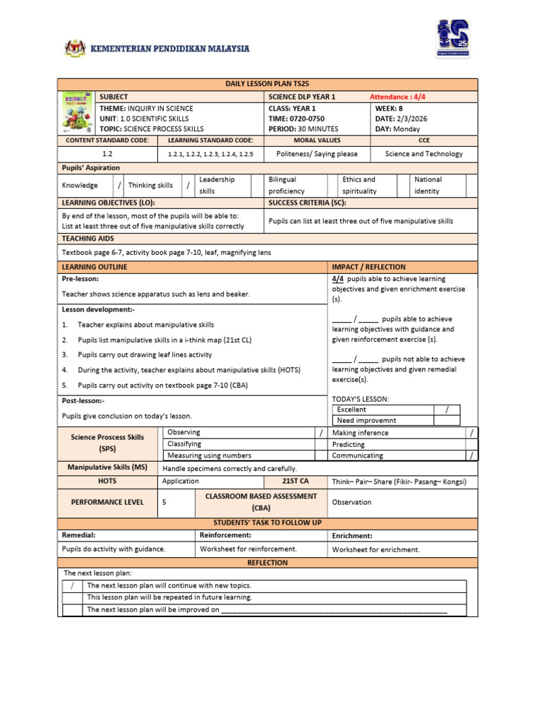 RPH Science Year 1 | PDF | Lesson Plan | Science