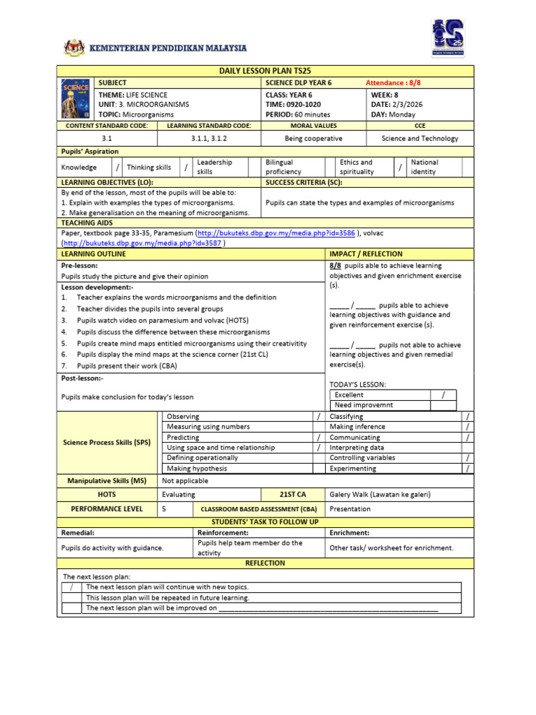 Rph Science Year 6 | PDF | Lesson Plan | Teachers