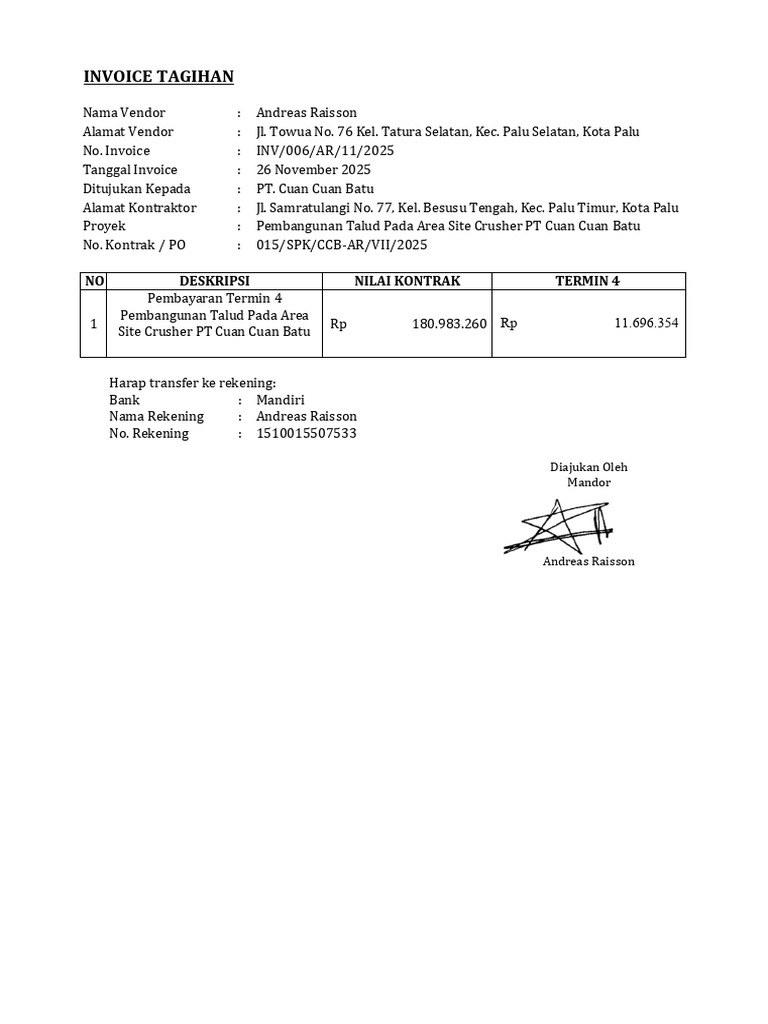 006 Invoice Penagihan Termin 4 Pekerjaan Talud | PDF