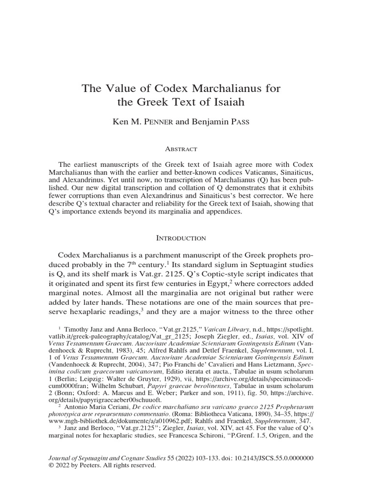 The Value of Codex Marchalianus For The | PDF | Bible | Manuscript
