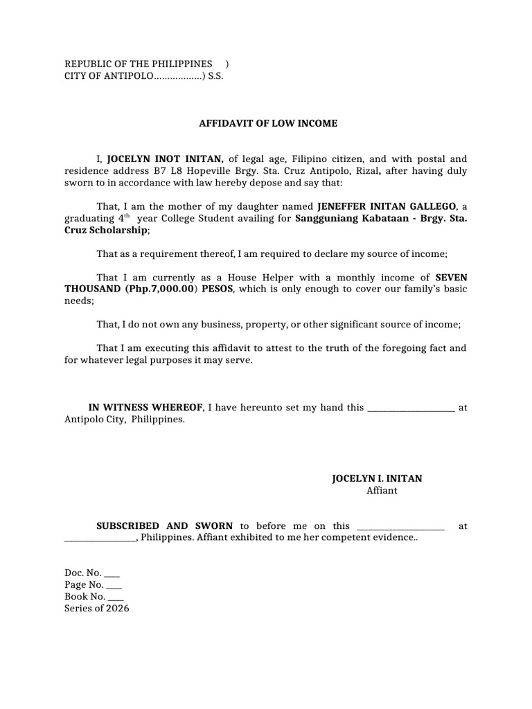 Affidavit of Low Income Gallego | PDF