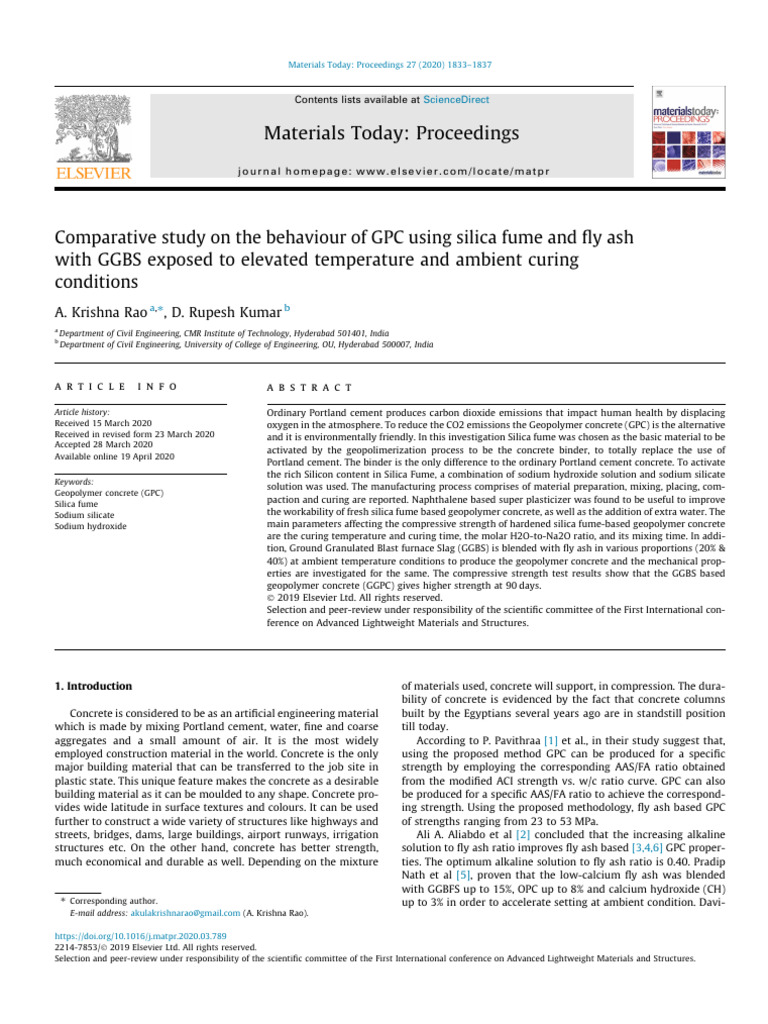 Comparative Study on the Behaviour of GPC Using Silica Fume and Fly Ash ...
