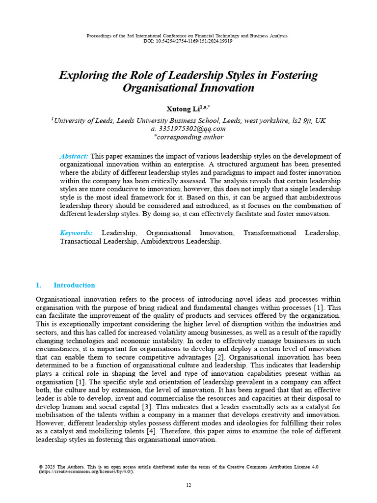 Exploring The Role of Leadership Styles in Fostering | PDF | Leadership ...