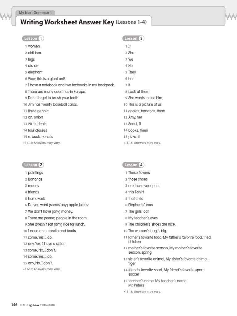 Writing Worksheet Answer Key | PDF