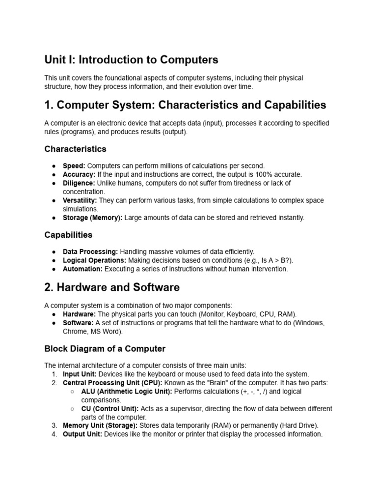 UNIT - I Introduction To Computers Computer System.. | PDF | Computing ...