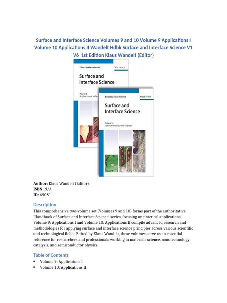 Surface and Interface Science Volumes 9 and 10 Volume 9 Applications I ...