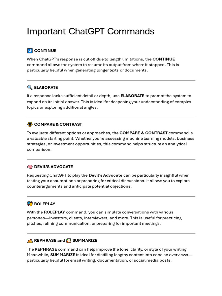 5.Important+ChatGPT+Commands SPA | PDF | Brainstorming | Communication