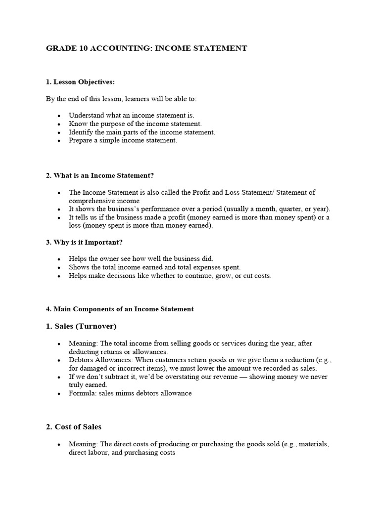 Accounting Grade 10 Income Statement | PDF | Income Statement | Cost Of ...