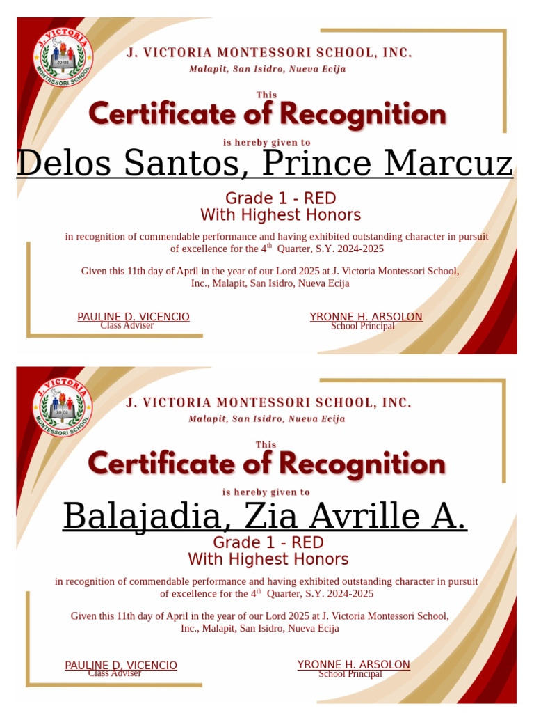 Certificates of Recognition - Grade 1 | PDF