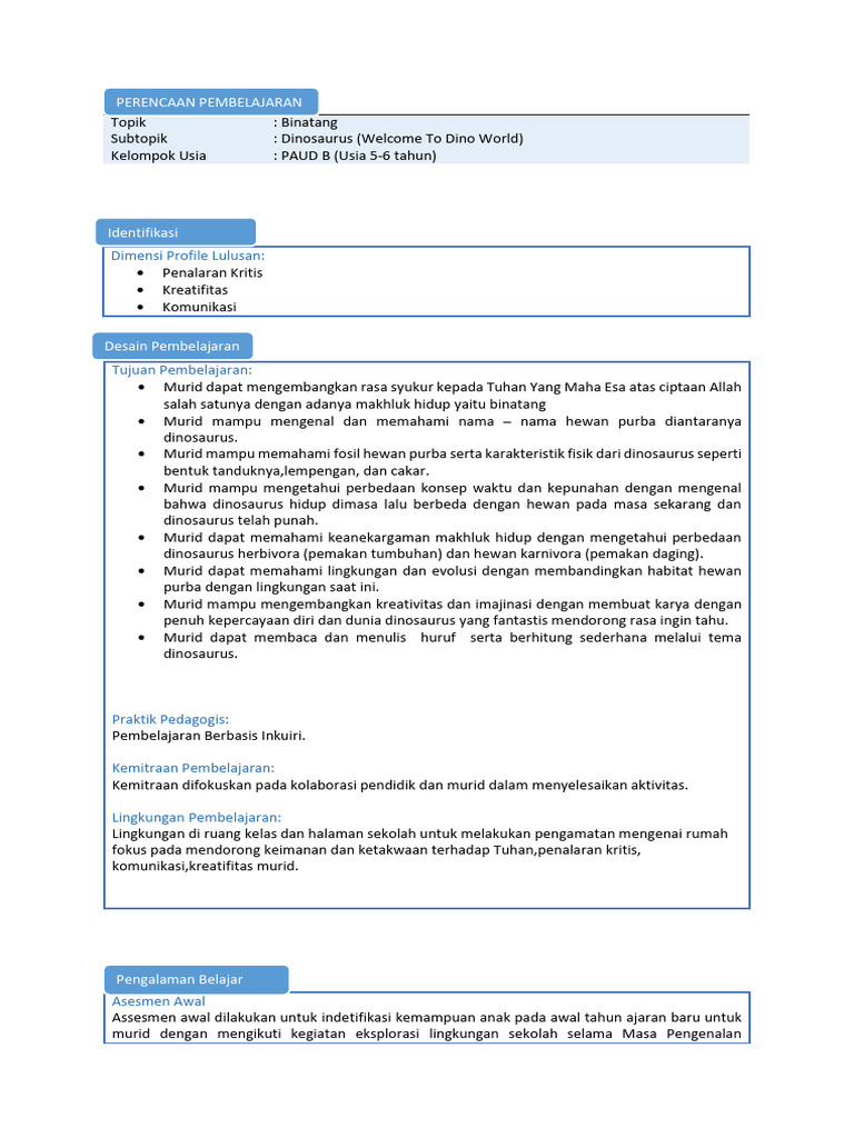 RPP - Pos Paud Aster - Kls B - Binatang - Welcome To Dino World | PDF