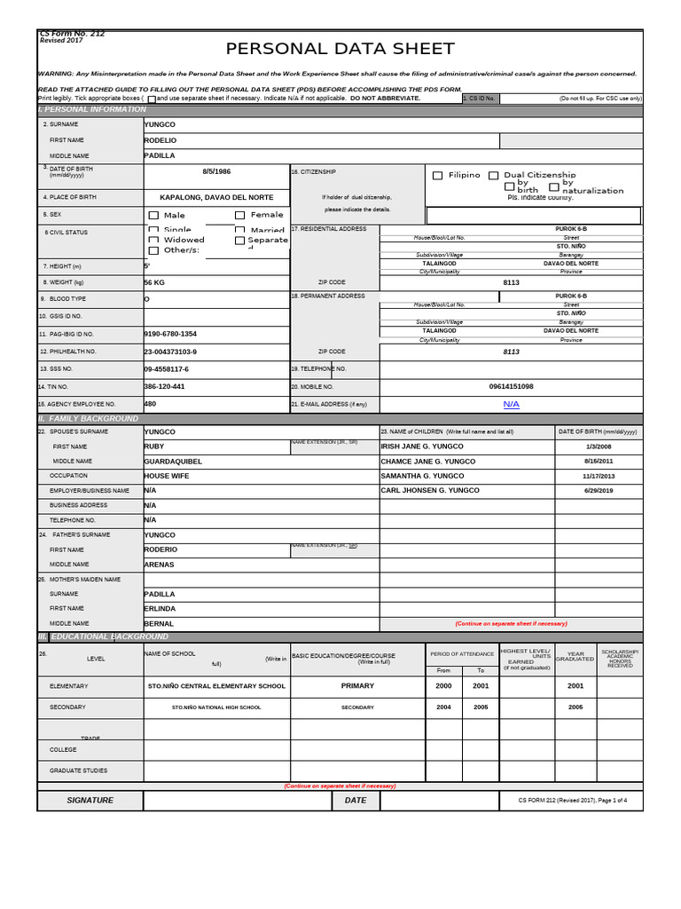 Personal Data Sheet: Filipino Dual Citizenship by Birth by ...