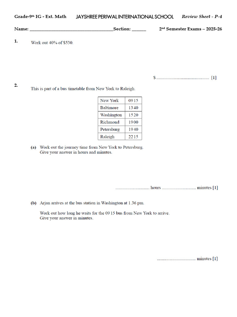 9th Ext. Math - Paper - 4 Review Sheet (2st Semester Exams) 2025-26 (2 ...