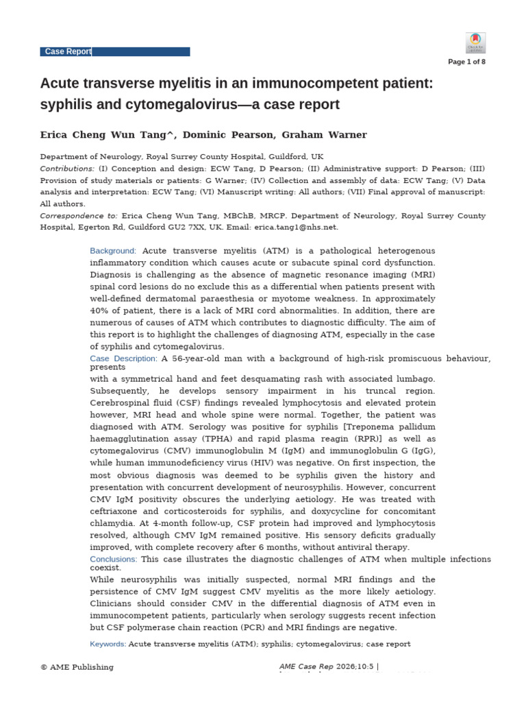Acute Transverse Myelitis in An Immunocompetent Patient - Syphilis and ...