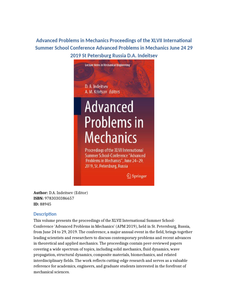 Advanced Problems in Mechanics Proceedings of the XLVII International ...