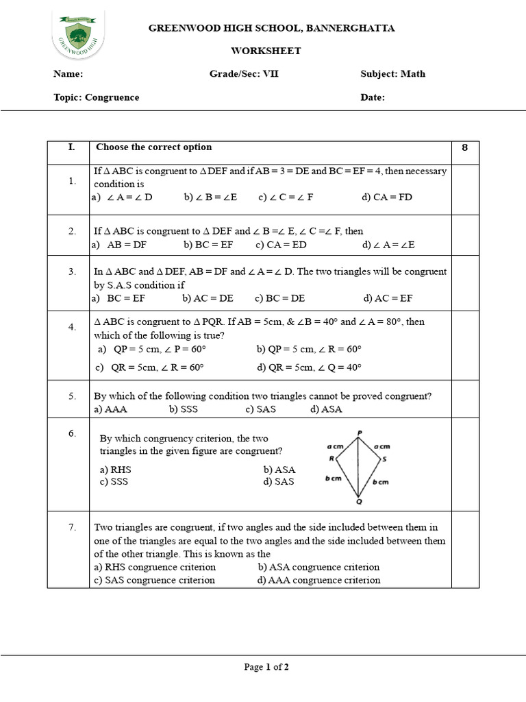 Grade 7 - Congruency Revision | PDF | Triangle | Euclidean Geometry