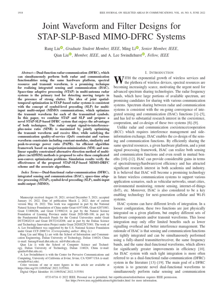 Joint Waveform and Filter Designs For STAP-SLP-Based MIMO-DFRC Systems ...