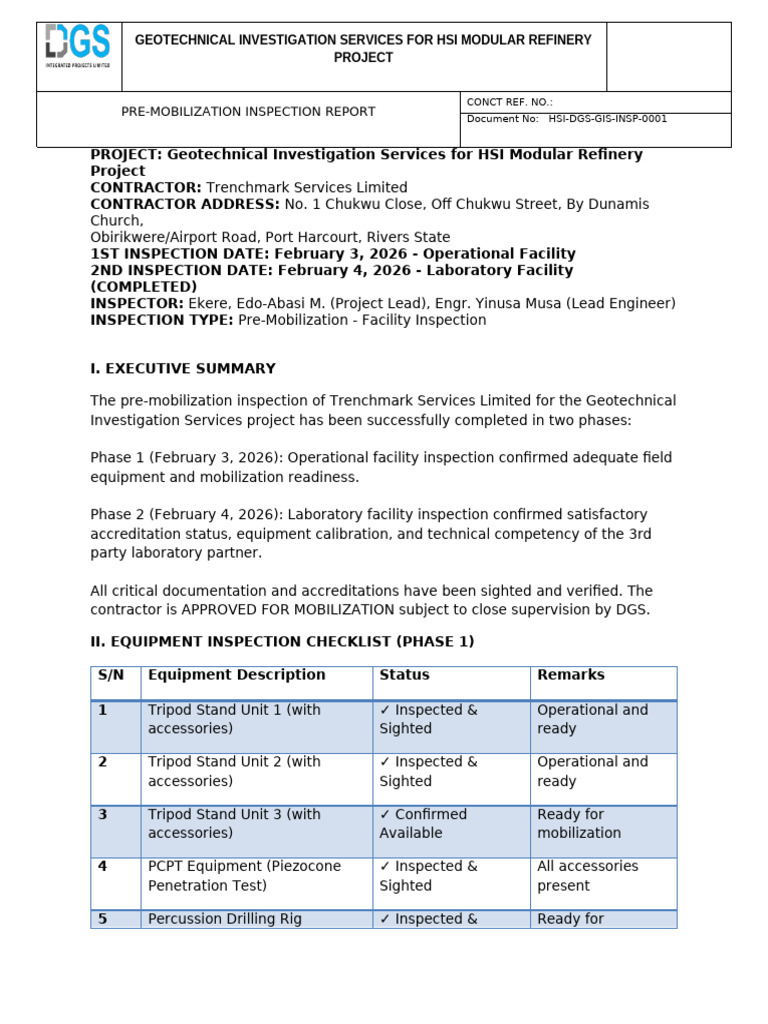 Pre Mobilization Inspection Report | PDF | Laboratories