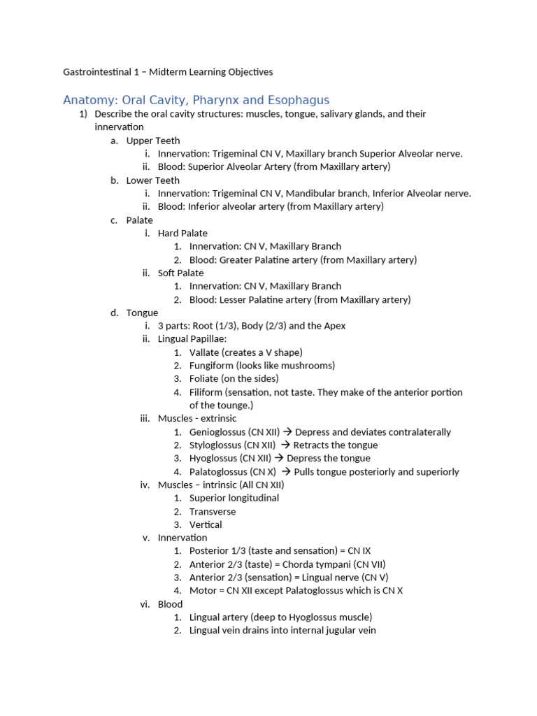 Gastrointestianal Learning Objectives | PDF | Stomach | Tongue