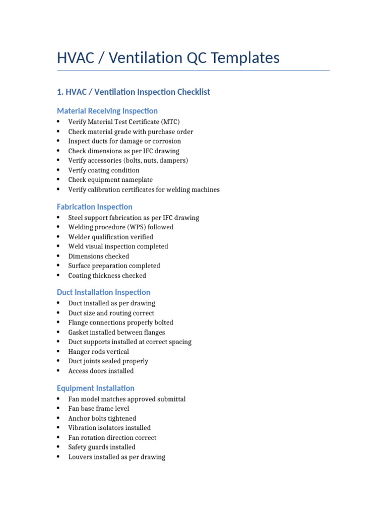 HVAC QC Templates MAADEN Ventilation Project | PDF | Duct (Flow) | Welding