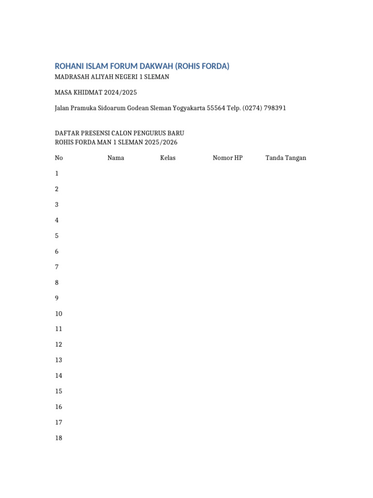 Presensi Rohis Forda 2025-2026 | PDF