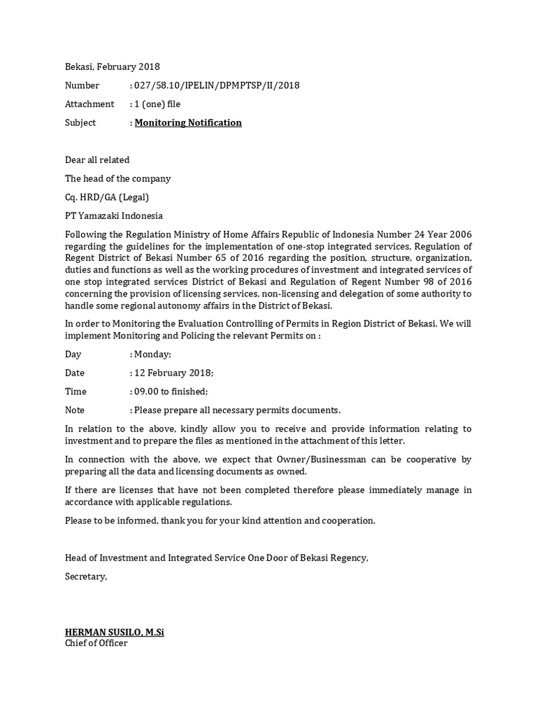 Letter Monitoring Bekasi February 2018 (Translate) | PDF