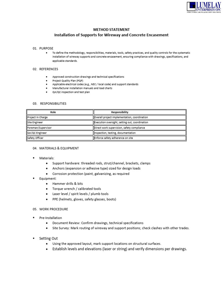 METHOD STATEMENT - Installation of Supports For Wireway and Concrete ...
