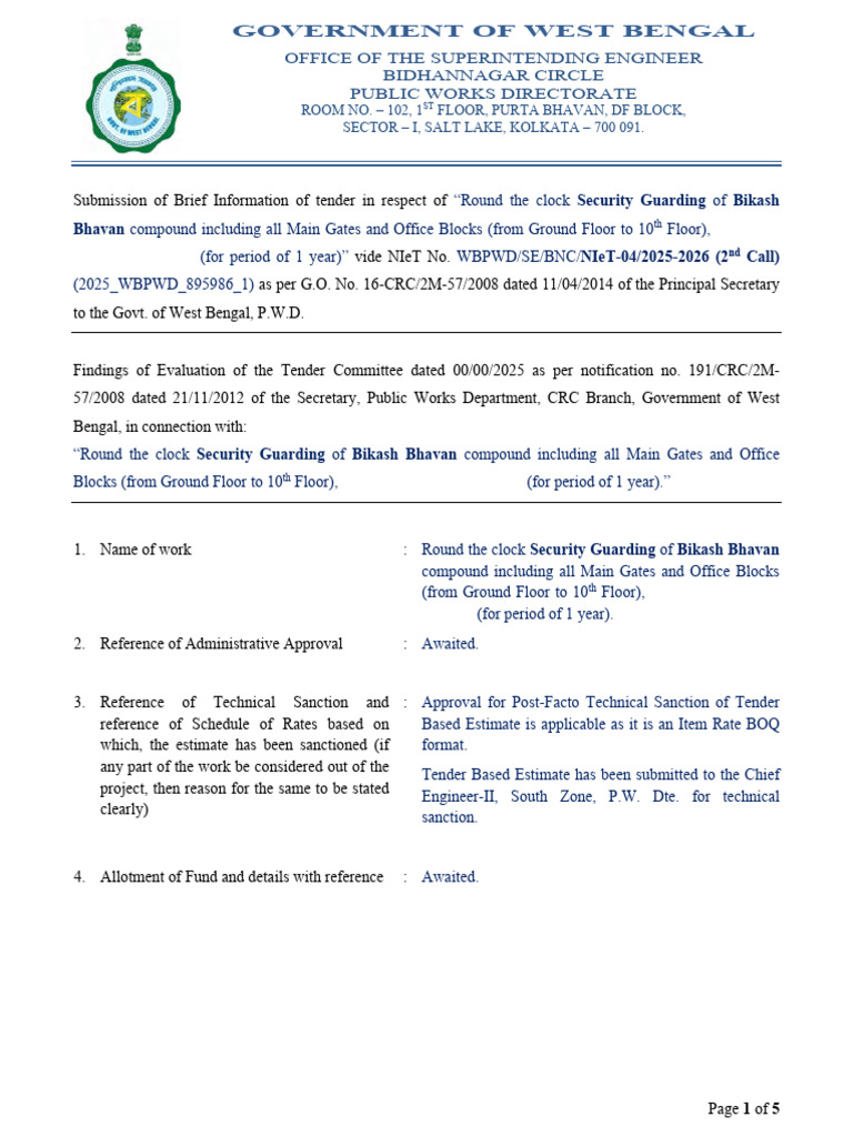 01 Submission of Brief Information of Tender in Respect of - Security ...