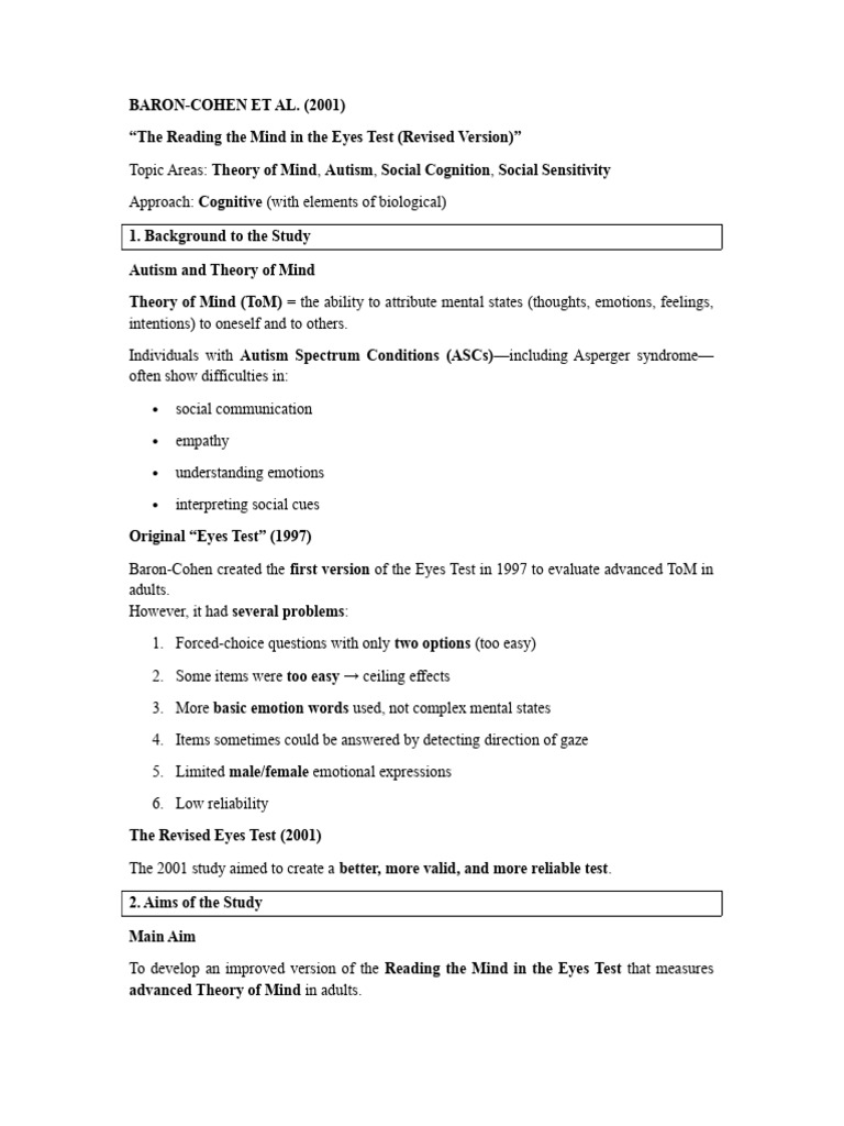 Baron Et AlCambridge Notes | PDF | Theory Of Mind | Autism