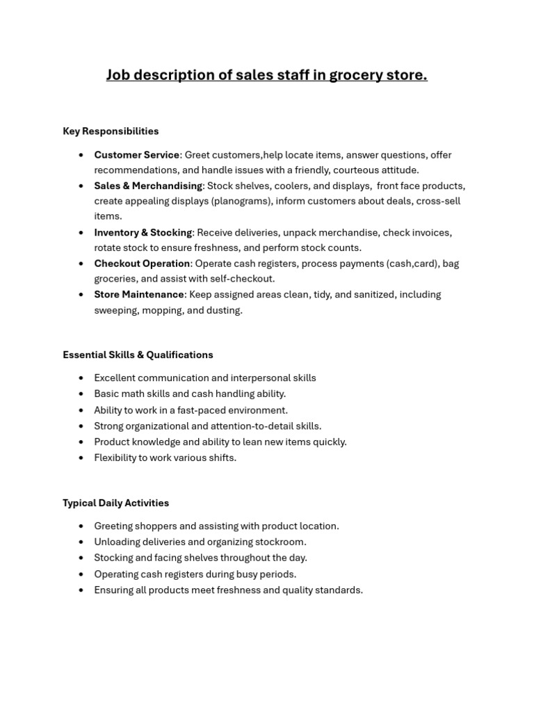 Job Description of Sales Staff in Grocery Store | PDF
