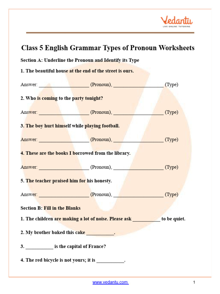 Class 5 English Grammar Types Pronoun | PDF | Pronoun | Linguistic Typology